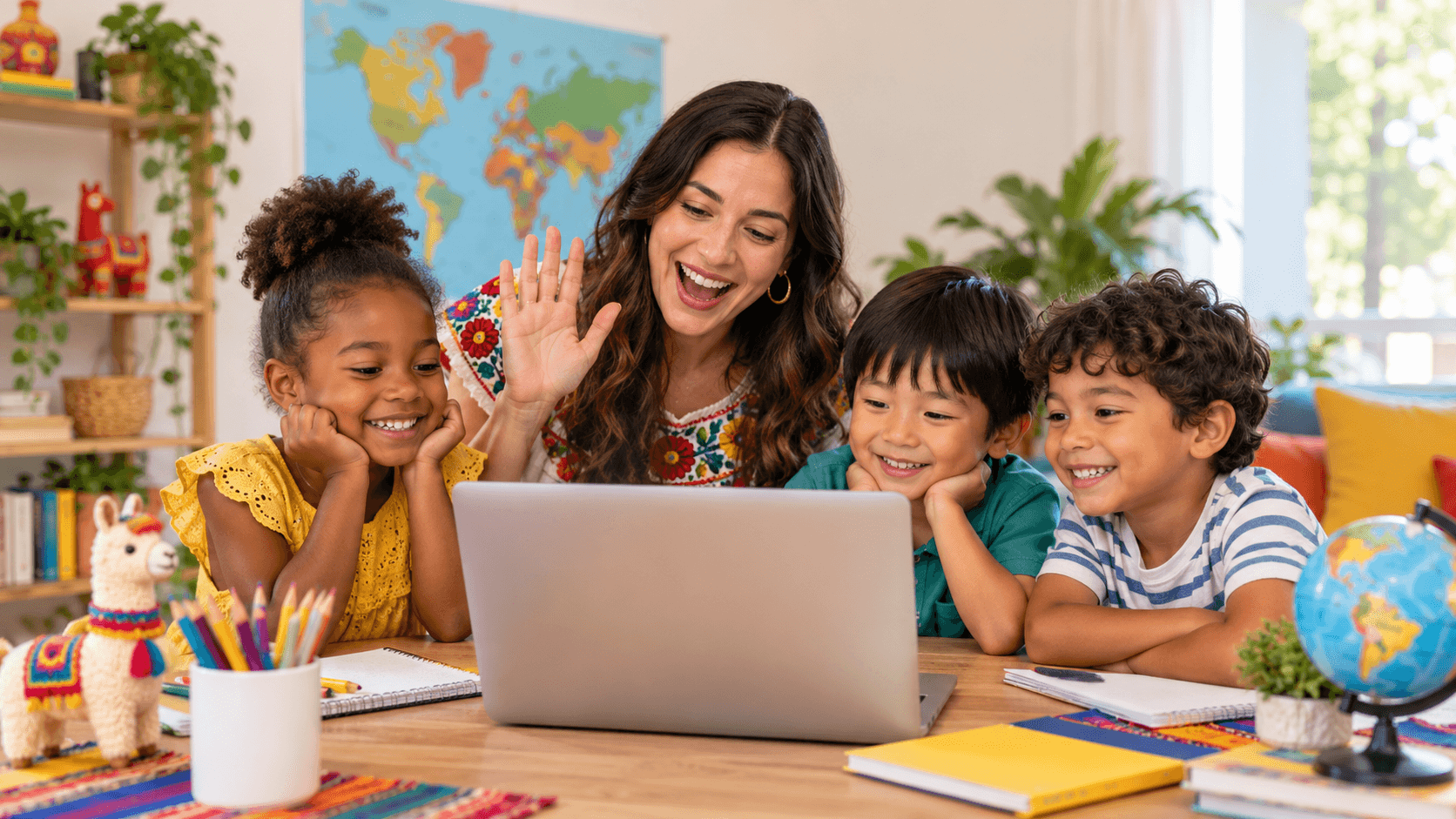 A cheerful online learning session with a multicultural Mini Spanish Club community
