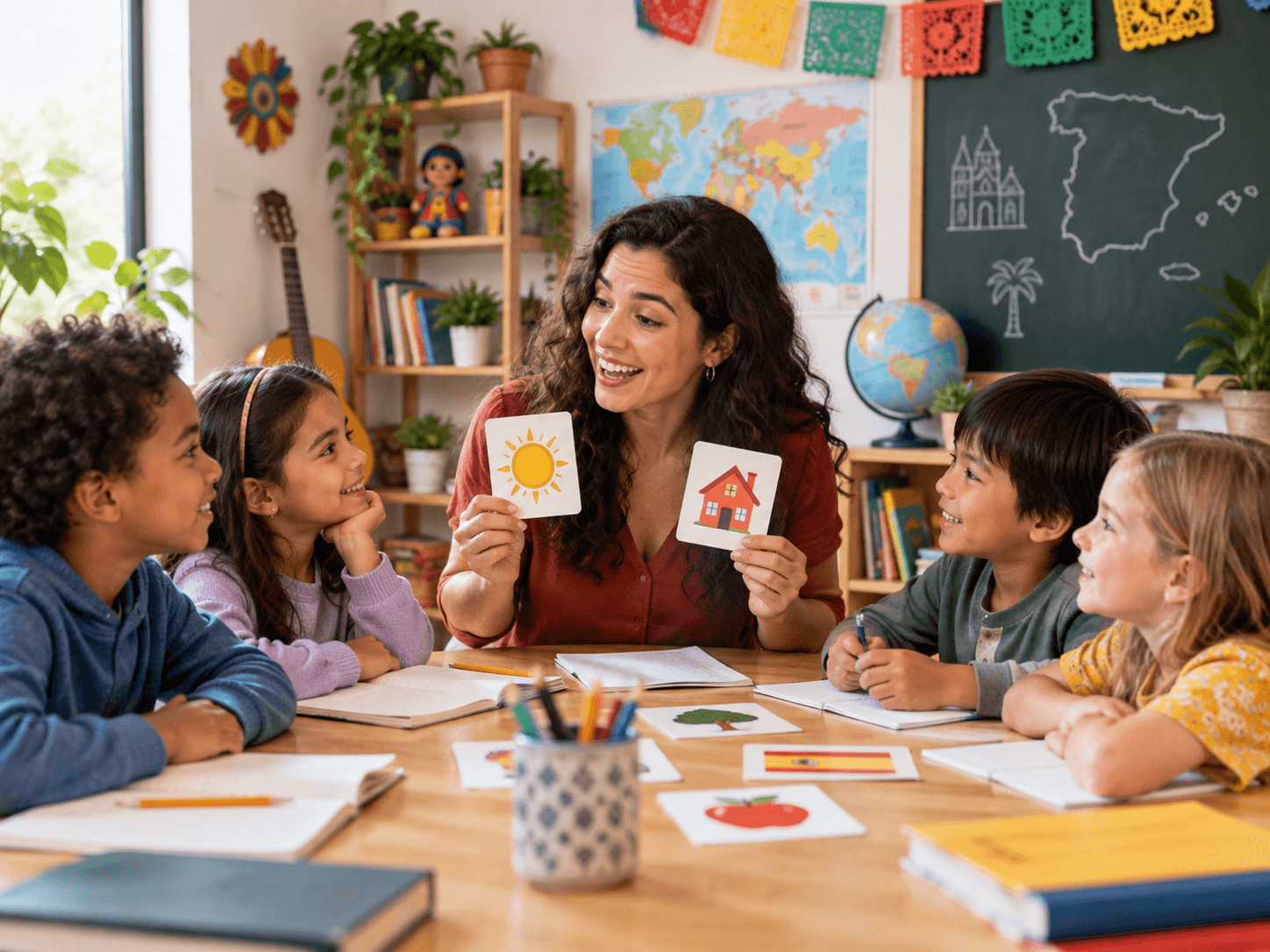 A cheerful Spanish classroom with students learning together