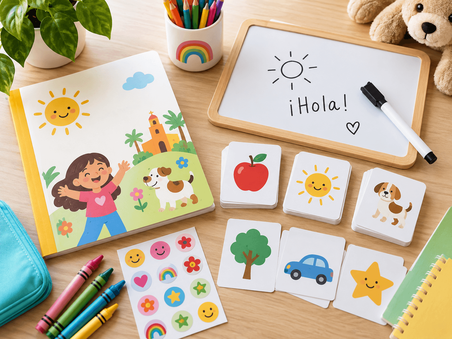 Spanish learning materials arranged on a tabletop