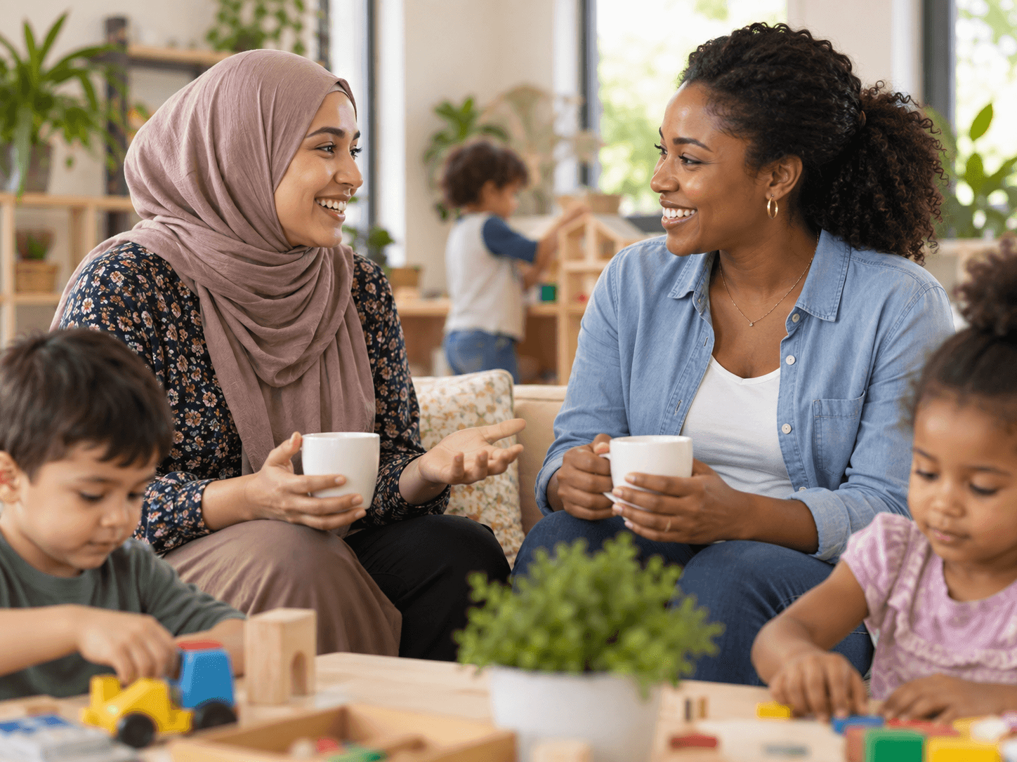 Warm conversation with a family in a playroom